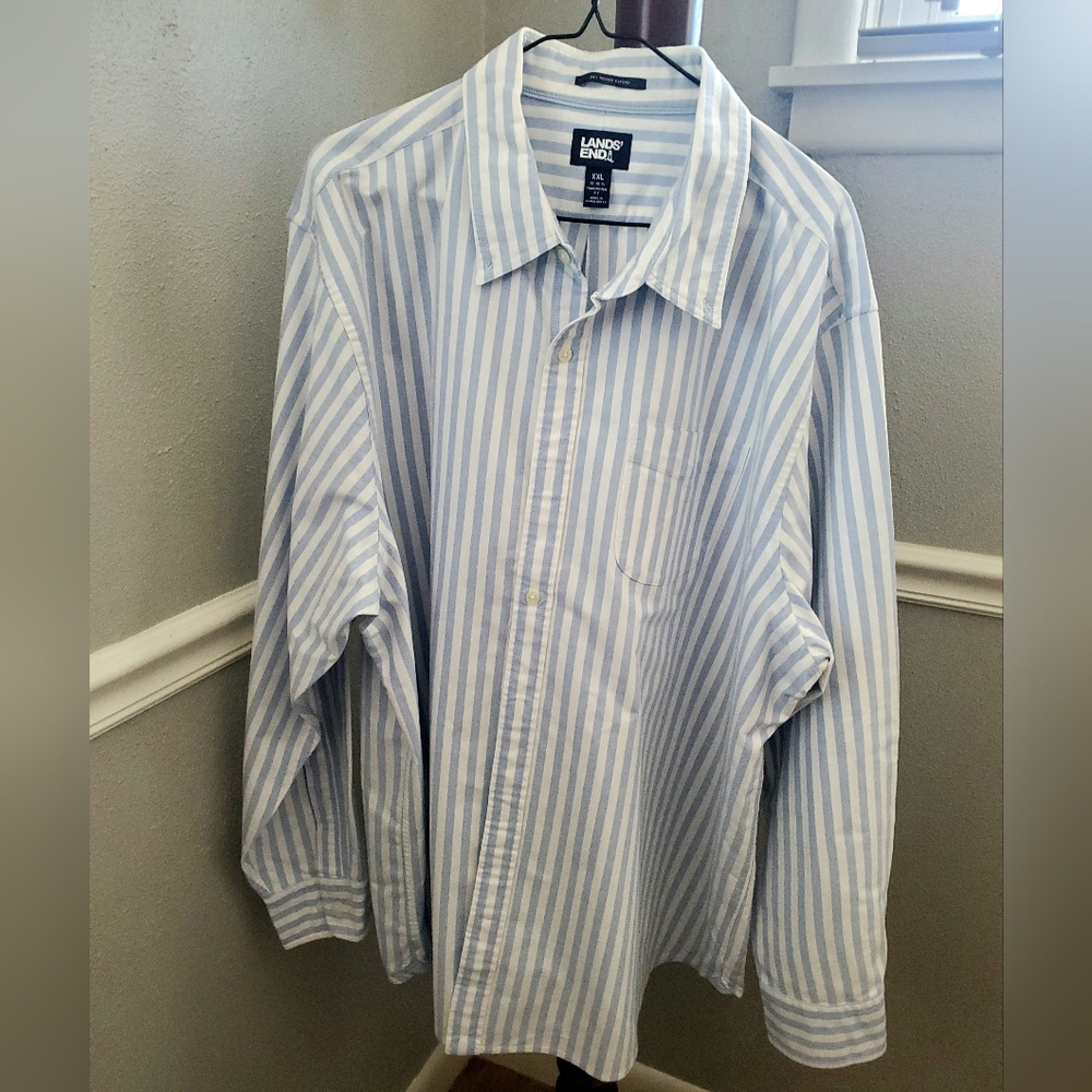 Lands' End Men's Light Blue and White Striped Shirt, 100% Cotton, Like New!